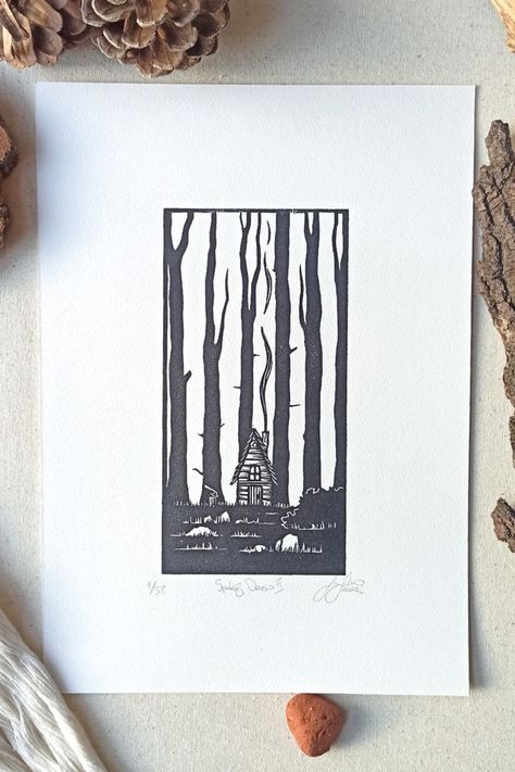 Wooden Hut, Poster Dark, Linoleum Print, Lino Art, Cabin Art, Amazing Art Painting, The Peace, Lino Print, Linocut Prints