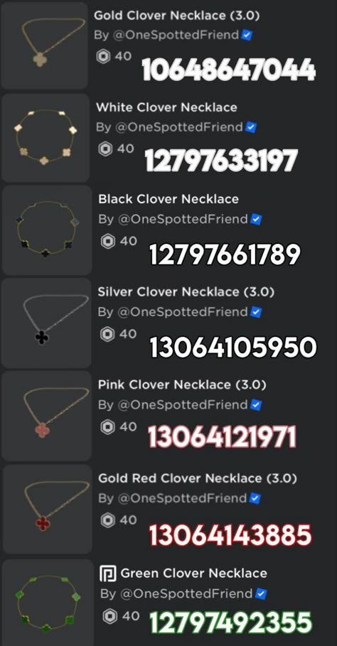 Van Cleef Necklace, Preppy Necklaces, Berry Avenue Codes, Blocksburg Outfit Codes￼, Bloxburg Decals Codes Aesthetic, Free T Shirt Design, Bloxburg Decals Codes, Clover Jewelry, Black Hair Roblox