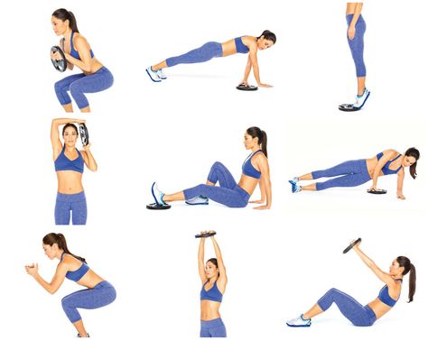 Weight plates aren't just for loading up barbells. Here's how to use one to tone every muscle. GRAB a 10-pound plate with cutouts. Multiple grips let you target muscles in ways dumbbells (or a barb... Tuesday Workout, Pilates Moves, Fitness Pal, Summer Body Workouts, My Fitness Pal, The Fix, Workout Schedule, Sweat It Out, Weights Workout