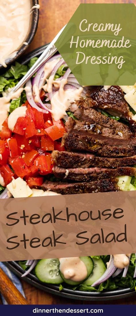 Delicious Steak Salad recipe for a hearty steakhouse salad with juicy steak strips, crisp greens, fresh veggies and creamy homemade dressing. Skirt Steak Salad Recipes, Sirloin Steak Salad, Salad Dressing For Steak Salad, Steak Salad Dressing Recipe, Steakhouse Salad Dressing, Steak Salad Recipes For Dinner, Steak Salad Dressing, House Dressing Recipe, Steakhouse Salad