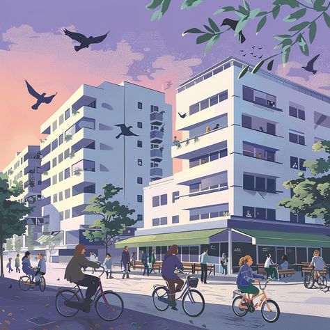 n illustration of people in front and behind the building, sitting on bicycles or walking with children playing around. In the background is an apartment complex built from white concrete buildings, featuring blue accents. The sky above has a gradient effect that transitions to purple at dusk. Pigeons fly over the street as if celebrating another beautiful day in Berlin. A restaurant stands under green awnings near the road corner, adding color contrast to the scene. in the style of John Holc... Apartment Building Illustration, Illustration Of People, Concrete Buildings, Building Illustration, Isometric Illustration, Architecture Inspiration, Children Playing, White Concrete, Apartment Complexes