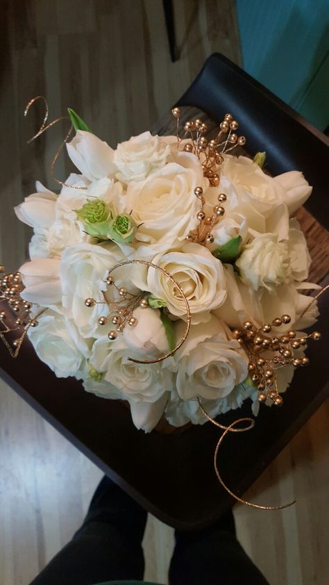 White And Gold Wedding Flowers Bridal Bouquets, Gold Prom Flowers Bouquet, White And Gold Flower Bouquet Prom, Gold Dress Bouquet, Gold Prom Dress Bouquet, Bridal Bouquet With Gold Accents, Bridal Bouquet Gold And White, Prom Bouquet For Gold Dress, Black White And Gold Flower Bouquet