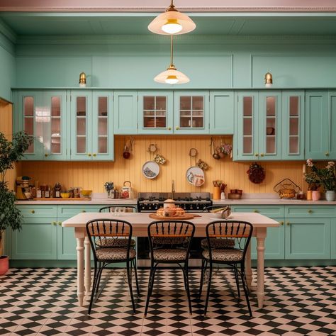 Wes Anderson Kitchen, Wes Anderson Interior Design, Wes Anderson Interior, Wes Anderson Design, Electric Colors, Wes Anderson Style, Colourful Kitchen, Maximalist Decor, Wes Anderson