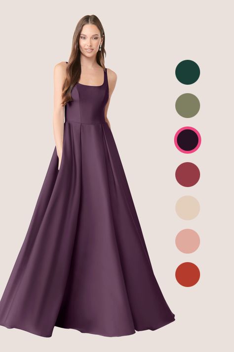 Have your bridesmaids dress beautifully in our stretch satin ball gown. Her square neckline compliments the slightly drop waist and scoop back and is fitted to every silhouette. The skirt flares magically with every step taken. As a bonus she has pockets. Plum Dresses, Plum Bridesmaid Dress, Plum Bridesmaid, Dark Purple Dresses, Plum Bridesmaid Dresses, Bridesmaid Satin, Stretch Satin Dress, Satin Ball Gown, Azazie Bridesmaid Dresses