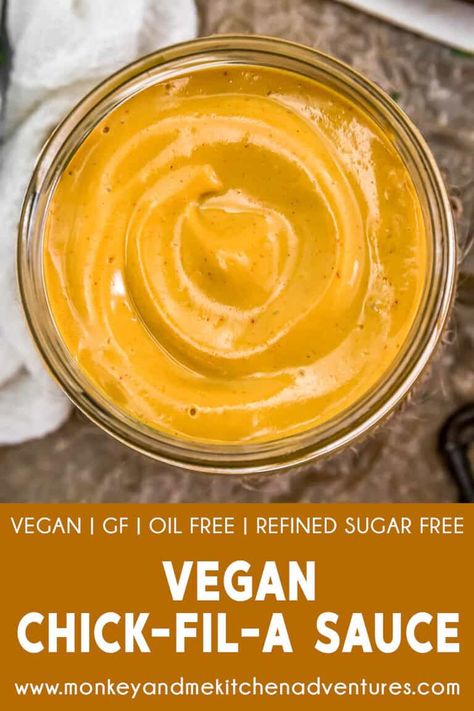 Sweet, smoky, and tangy in all the right ways, this healthy, oil-free Vegan Chick-fil-A Sauce is so easy to make and sure to take plant-based nuggets, bean burgers, baked fries, and roasted veggies to a whole new level of irresistible goodness. #wholefoodplantbased #vegan #oilfree #glutenfree #plantbased | monkeyandmekitchenadventures.com Wfpb Sauces, Vegan Dressings, Monkey And Me Kitchen Adventures, Vegan Oil Free, Monkey And Me, Healthy Oil, Chick Fil A Sauce, Healthy Sauces, Tangy Bbq Sauce