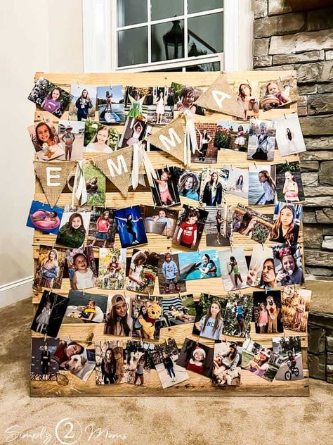 Spruce up your graduation party decor with a unique photo display made of pallets! With a few simple materials and a few minutes of your time, this DIY project allows you to create a beautiful personalized photo display to commemorate the special day. 21st Birthday Photo Display Ideas, Photo Board Party, Wooden Pallet Picture Display Graduation, Graduation Photo Collage Ideas, Event Photo Wall Ideas, Graduation Party Photo Board, Pallet Board Picture Display, Pallet Photo Display Graduation, Graduation Trifold Board Photo Displays