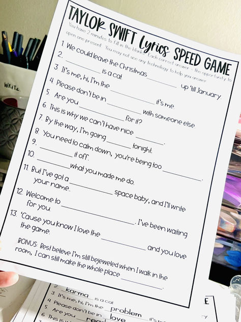 This is what we are playing on Christmas morning at my house!! 🎅Just a little fun to spice up the morning...Now that my kids are older, we have been playing games to open presents to make the morning go slower. I went the Era Tour this summer in Denver and it was amazing!!😍 I've pretty much been listening to T-Swift non-stop ever since. I'm interested to see what lyrics have sunk in! Think your kids might enjoying playing? Click to download! Taylor Swift Games To Play, Free Phonics Games, Presents To Make, Game For Christmas, Taylor Swift Games, Speed Games, Era Tour, Phonics Free, Literacy Lessons