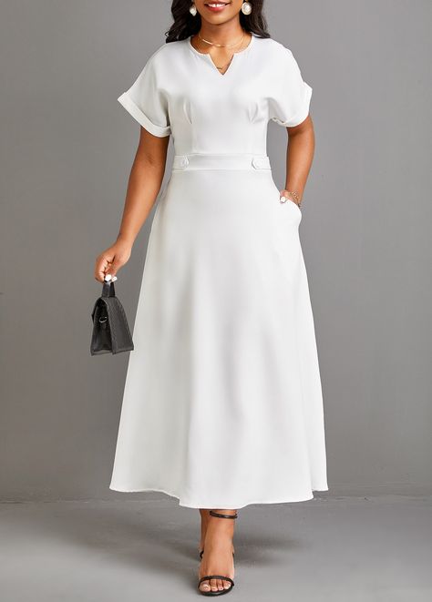 White Pocket Short Sleeve Split Neck Maxi Dress | modlily.com - USD 34.98 Dresses For Women Classy, Ladies Blouse Designs, Elegant Midi Dresses, Fashion Dresses Online, Elegant Attire, White Maxi Dress, Short Sleeve Maxi Dresses, White Dresses For Women, Dresses By Length