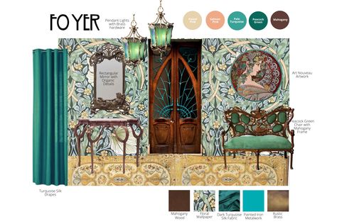 Art Nouveau Mood Board, Earth Tone Palette, Interior Design Portfolio Layout, Historical Interior, Art Nouveau Interior, Mood Board Interior, New Victorian, Art Nouveau Poster, Turquoise Painting