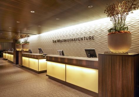 The Westin Bonaventure Hotel & Suites, Los Angeles - Front Desk Hotel Reception Design, Front Desk Hotel, Luxury Office Interior, Front Desk Design, Modern Hotel Lobby, Hotel Reception Desk, Office Reception Design, Hotel Lobby Design, Reception Desk Design