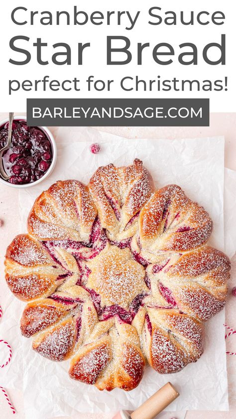 This cranberry star bread is a twisted pull-apart bread filled with homemade cranberry sauce! It's a fun, show stopping dessert for the winter holidays! I love to make this star bread with my leftover cranberry sauce from Thanksgiving or Christmas. Christmas Bread Recipes, Star Bread, Homemade Cranberry Sauce, Leftover Cranberry Sauce, Fun Dessert, Christmas Bread, Sugared Cranberries, Cranberry Bread, Cranberry Sauce Homemade