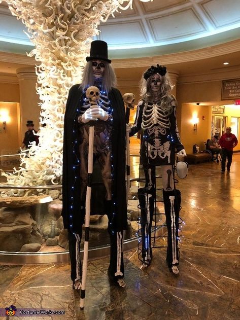 Light Up Skeleton Costume, Unique Skeleton Costume, Couple Costume Diy, Bride Of Frankenstein Costume, Skeleton Costumes, Stilt Costume, Best Costume Ever, Skeleton Clothes, Couples Kiss