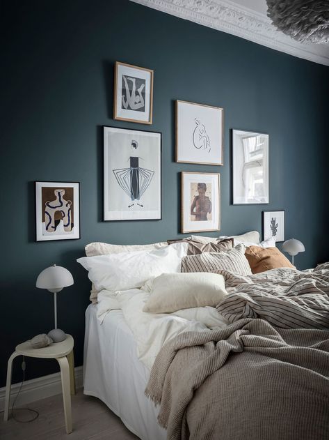 Bedroom Gallery Wall Ideas, Bedrooms With Blue Walls, Bedroom Gallery Wall, White Linen Sheets, Grey Wall Color, Blue Bedroom Walls, Blue Wall Colors, White Linen Curtains, Gallery Wall Ideas