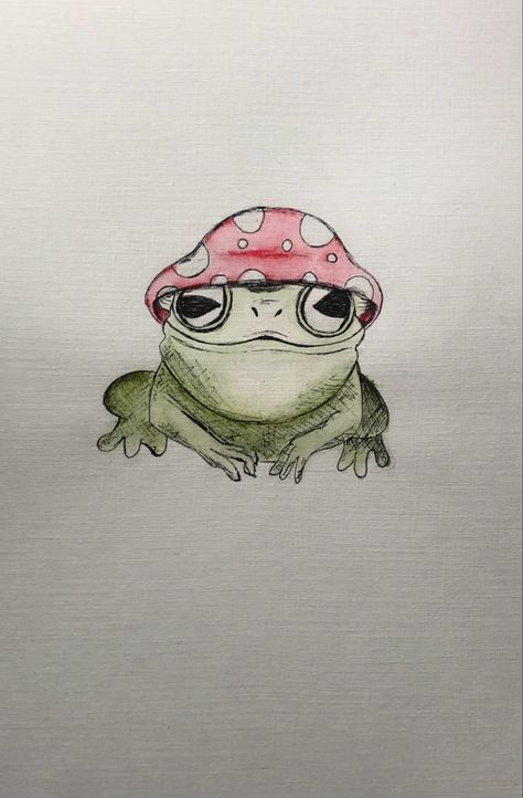 Frog With Mushroom Hat Tattoo, Sketch Frog, Frog With Hat, Frog With Mushroom Hat, Frog Sketch, Background Sketch, Mushroom Frog, Frog Drawing, Red Mushroom