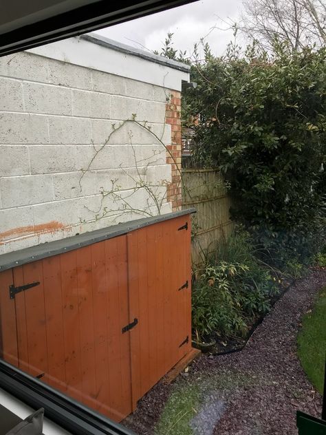 How do I disguise neighbours ugly garage wall? | Houzz UK How To Decorate An Exterior Garage Wall, Disguise Garage Wall In Garden, Brick Wall Gardens, Garage Windows, Hiding Ugly, Boundary Walls, Hidden Garden, Stucco Walls, Side Garden