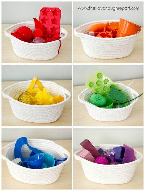 Montessori inspired color themed treasure baskets for babies and toddlers. How to make these treasure baskets and why they are great. Sensory Basket, Colors For Toddlers, Montessori Environment, Treasure Basket, Infant Classroom, Baby Sensory Play, Montessori Toddler Activities, Toddler Classroom, Toddler Sensory