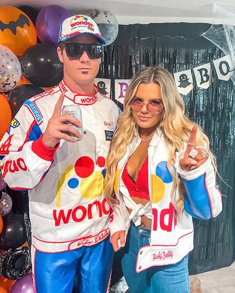 Hollween Costumes Funny, Couples Halloween Costume Talladega Nights, Talladega Nights Family Costume, Halloween Costumes Talladega Nights, 90s Theme Couples Costume, Talidaga Nights Halloween Costume, Taladega Nights Wife Costume, Tallegeda Nights Costume, Racecar Driver Halloween Costume Couple