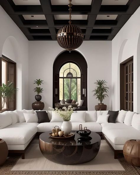 Dark Wood Accents, Modern Traditional Living Room, White Sectional Sofa, Modern Boho Home Decor, Black Accent Walls, Modern Boho Decor, Bohemian Living Room, White Living Room, Traditional Living Room