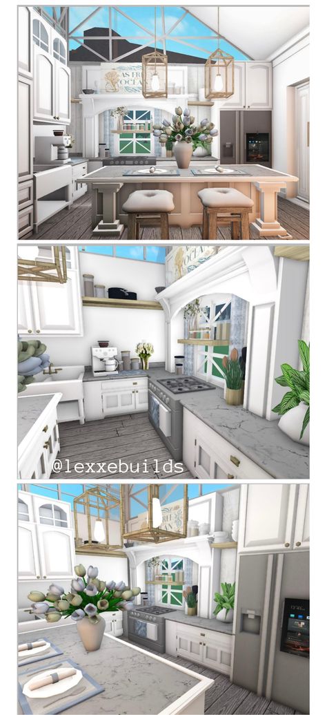 Detailed Kitchen Bloxburg, Roblox Bloxburg Dining Room Ideas Modern, Cute Bloxburg Kitchen Ideas, Bloxburg Layout Ideas 2 Story Mansion, Bloxburg Kitchen Ideas Aesthetic, Boho House Interior, Modern Family Kitchen, Bloxburg Rooms, Bloxburg Kitchen Ideas