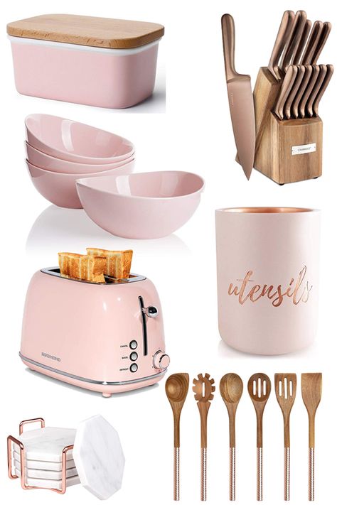 Pink Kitchen Accessories, Pink Kitchen Appliances, Island Home Decor, Assiette Design, Pink Apartment, Copper Kitchen Accessories, Gold Kitchen Accessories, Pink Kitchen Decor, Rose Gold Kitchen