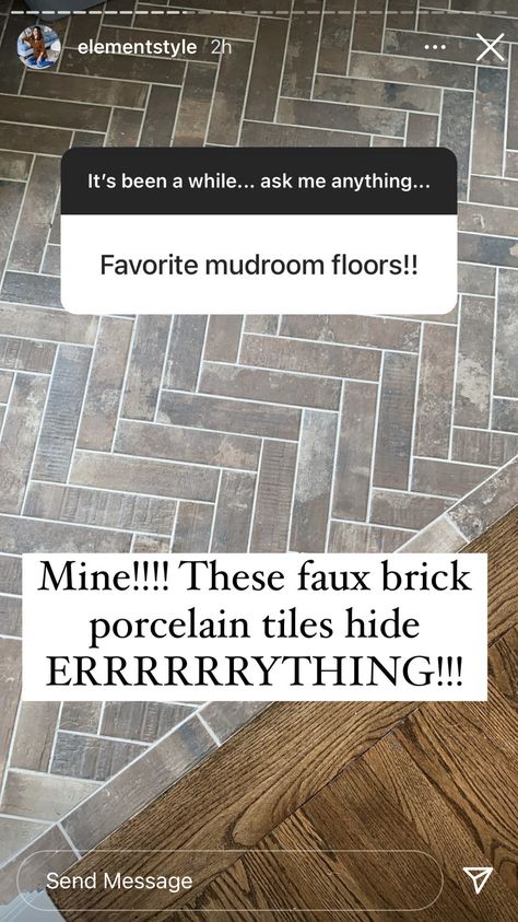 Farmhouse Mudroom, Herringbone Tile Floors, Mudroom Flooring, Laundry Room/mud Room, Mudroom Decor, Faux Brick, Brick Flooring, Laundry Room Makeover, Laundry Room Design