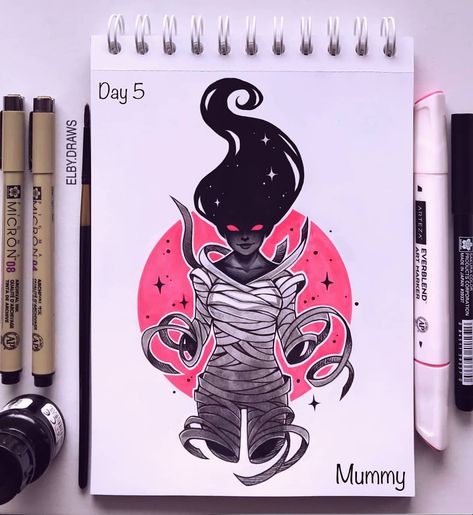 12.8 k mentions J’aime, 50 commentaires - eLBy (@elby.draws) sur Instagram : "#inktober Day 5 "Mummy " Prompt list by @asayris . . . . #inktober2019 #asayristober19…" Inktober Art Ideas, Mummy Art Drawing, Mummy Drawing, Mummy Illustration, Cute Mummy Illustration, Inktober Prompts, Expressive Drawing, Inktober 2022 Art, Inktober 2022 List