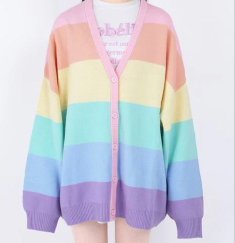 Grumpy Bunny, Pastel Clothing, Pastel Cardigan, Rainbow Cardigan, Art Outfits, Rainbow Outfit, Pastel Outfit, Japanese Street, Vibe Clothes