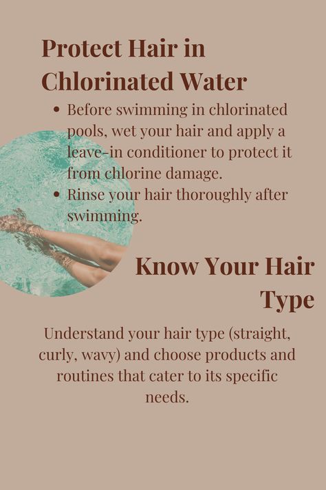 Protect your hair before going in to the pool, so that you would't damage it with chlorinated water! #HairProtection #HairCare #HairType #WavyHair #CurlyHair #StraightHair #ChlorineDamage How To Protect Your Hair From Chlorine, Swimmer Hair Care, Swim Hair Care, Swim Hair, Swimmers Hair, Swimming Classes, Haircare Routine, Swimming Hairstyles, Pool Hairstyles