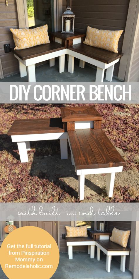 This DIY corner bench has a built-in end table, perfect for a front porch welcoming display or back patio seating for a BBQ or party! Learn to build it with the tutorial from Pinspiration Mommy on Remodelaholic.com Diy Corner Bench, Shabby Chic Decorating, Corner Bench, Shabby Chic Bathroom, Casa Exterior, Diy Holz, Country Furniture, Shabby Chic Kitchen, Easy Home Decor