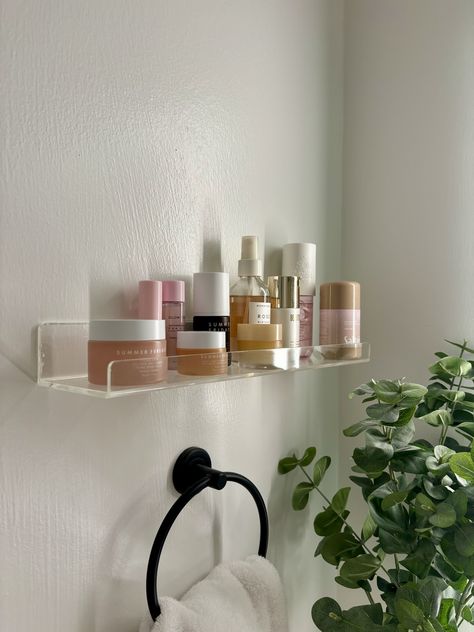 Clear Acrylic Shelves Bathroom, Acrylic Floating Shelves Bathroom, Small Floating Shelves Bathroom, Beauty Shelf Display, Floating Makeup Shelf, Acrylic Shelf Bathroom, Acrylic Wall Shelves, Clear Bathroom Shelves, Bathroom Acrylic Shelves