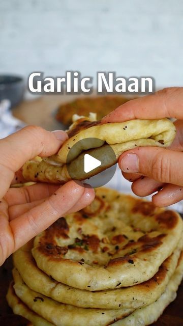 1.6M views · 126K likes | Maya // vegan recipes on Instagram: "GARLIC NAAN 🫓🧄   Naan is a flatbread originating from North India and it’s one of my favourite side dishes! 😋 It’s so fluffy, so, buttery and that garlic flavor hits the spot…🥰 Much love Maya ✨ RECIPE (6 naan, 3h prep time) -1/3 cup (90ml) plant milk, room temp -1/8 cup (30ml) water, room temp -1 Tsp instant yeast  -1 Tbsp sugar -1/4 cup (60g) vegan yogurt -2 cups (260g) flour -1 Tsp baking powder -a generous pinch of salt  KNEAD 5-10mins. Let it rest 1-2h until doubled in size. Divide into 6 pieces. Flatten them on a floured surface. Garlic-“butter”: -1/4 cup (60g) vegan butter, melted -4 minced cloves garlic -a handful chopped parsley Fry the naan on one’s side in a little oil. Meanwhile spread some garlic butter on the s Garlic Naan Recipe, Water Room, Garlic Naan, Plant Milk, Naan Recipe, Vegan Yogurt, North India, Favorite Side Dish, Instant Yeast