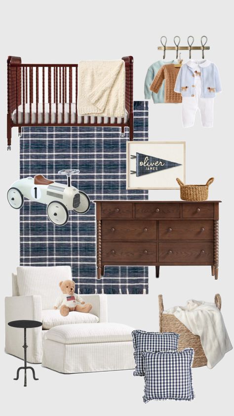 Baby nursery, baby crib, plaid rug, gingham pillows, dark wood furniture Vintage Baby Boy Nursery, Vintage Nursery Boy, Vintage Baby Boys, Nursery Trends, Baby Boy Bedroom, Nursery Room Design, Baby Boy Room Nursery, Baby Room Inspiration, Diy House Renovations