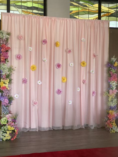 To create the backdrop, I took the heads of artificial flowers and pinned them onto the fabric. The flower towers flanking the sides are artificial flowers stapled onto wood ( so you can make them ahead of time) and then each tower is zip tied to the metal arch poles. To further stabilize, I used fishing line to secure each tower to the backdrop frame. Made it easy to set up and easy to take apart. Flower Tower, Backdrop Frame, Metal Arch, Floral Photography, Take Apart, Fishing Line, Photography Backdrop, Made It, Artificial Flowers