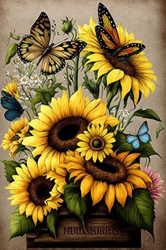 Diamond Painting Kits Vintage Flower Sunflower Butterfly, Diamond Painting 5D Round Diamond Cross Stitch Beginners DIY Craft, 16X24Inch Suitable for Room Decor Wall Decor Or Gift Giving Sunflower Butterfly, Cross Stitch Beginner, Flower Sunflower, Nursery Wall Art Girl, Sunflower Pictures, Room Decor Wall, Diamond Painting Kits, Diamond Cross, Sewing Art