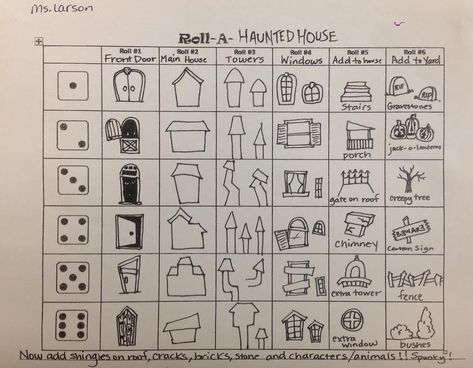 Roll a Dice and create a drawing of a Haunted House! Made by me:) -Laura Larson Halloween scary spooky drawing! Elementary art lesson. Spooky art for kids! Dice Roll Drawing Prompts, Roll A Dice Drawing Games Halloween, Roll A Halloween Picture, Roll And Draw Halloween, Roll A Picture, Dice Drawing Art, Roll A Drawing, Dice Drawing, Roll And Draw