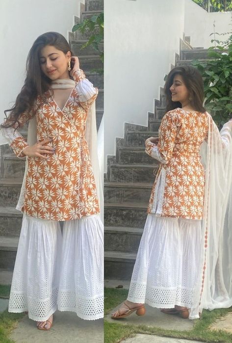 Sarara Dress Design, Sarara Dress, Aditi Bhatia, Lace Dress Design, Anarkali Dress Pattern, Latest Dress Design, Simple Kurta Designs, Casual Indian Fashion, Beautiful Pakistani Dresses