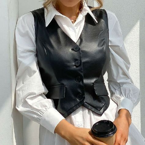 Leather Vest Outfit, Waistcoat Outfit, Sleeveless Waistcoat, Womens Black Vest, Leather Waistcoat, Black Leather Vest, Vest For Women, Trendy Shirt Designs, Fashionista Clothes