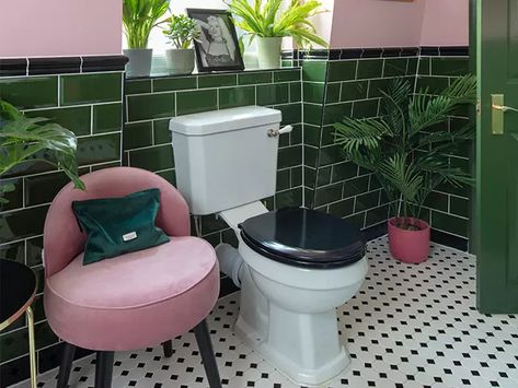 Green Pink Bathroom Ideas, Pink And Green Powder Room, Pink And Emerald Green Bathroom, Bathroom Pink Green, Pink And Green Bathrooms, Green En Suite, Green And Pink Bathroom Ideas, Pink And Green Maximalist, Pink And Green Bathroom Ideas