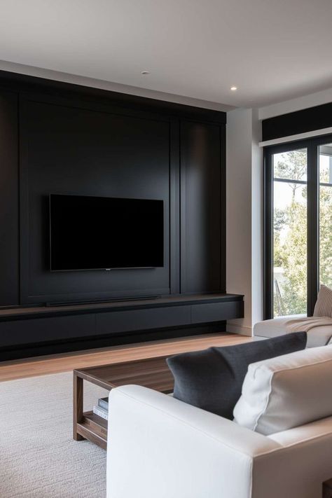 Ikea Tv Room Ideas, Tv Wall Black, Black Tv Wall, Tv Wall Ideas, Tv Wall Cabinets, Black Tv Stand, Black Accent Walls, Hexagon Shelves, White Tv