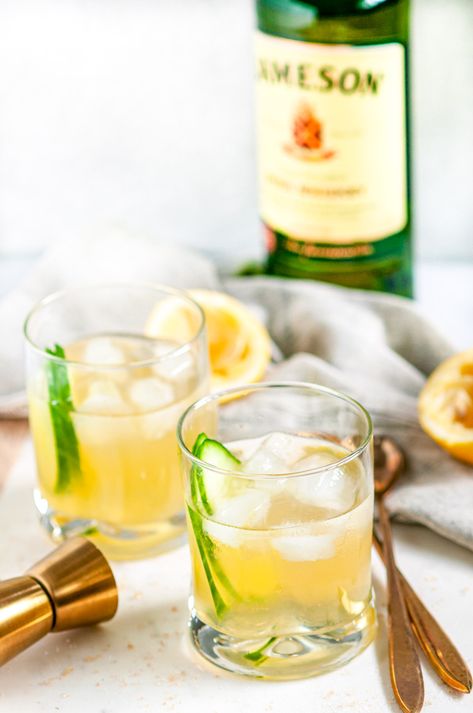 Irish Maid Cocktail - Quick and easy classic Irish whiskey beverage with cucumber, elderflower liqueur, and lemon juice. Perfect for St. Patrick's Day! Jameson Cocktails, Irish Whiskey Brands, Best Irish Whiskey, Festive Holiday Drinks, Jameson Whiskey, Jameson Irish Whiskey, Whiskey Cocktail, Whiskey Brands, Whiskey Sour