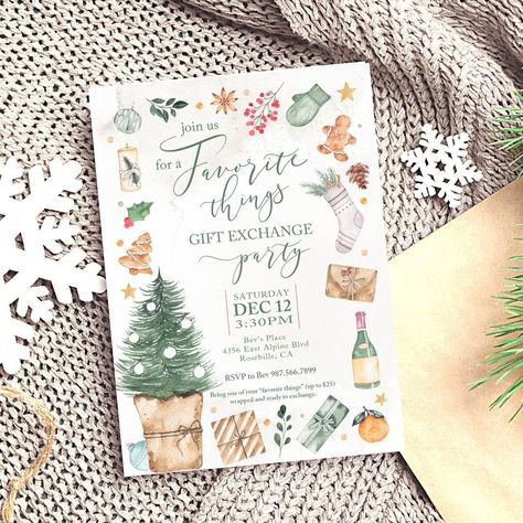 Favorite Things Christmas Party Invite, Favorite Things Christmas Party, Favorite Things Gift Exchange, Ornament Exchange Party, Gift Exchange Party, Holiday Gift Exchange, Favorite Things Party, Christmas Gift Exchange, Christmas Favorites