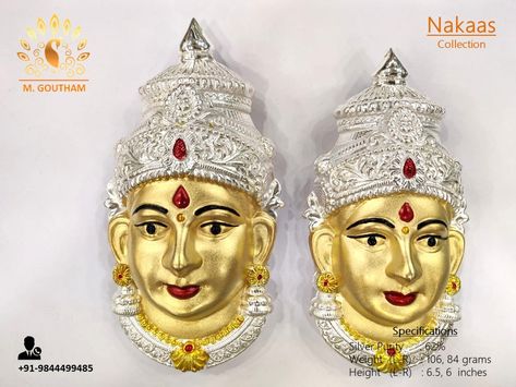 Handcrafted Silver Lakshmiji Mukhwada with gold silver polish :) Mukut Design, Varalakshmi Decoration, Silver Articles, Pooja Items, Silver Pooja Items, Silver Polish, Silver Collection, Diwali Decorations, Diwali