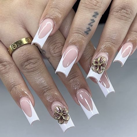 ig: nailsxomari French Tips Gold, White French Tips, Glitter French Tips, Gel Toe Nails, Gel Toes, White French Tip, Nails Winter, Nail Sets, Press Ons