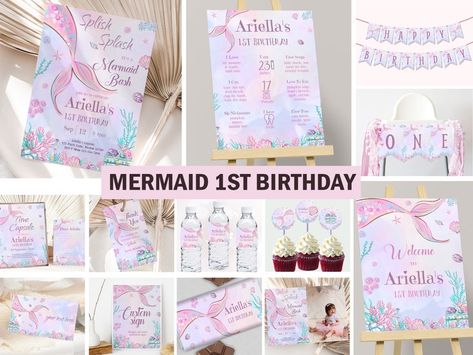 Mermaid 1st Birthday Invitation Bundle Mermaid First Birthday - Etsy Australia Mermaid Party Decorations, Mermaid Invitations, Milestone Poster, Mermaid Birthday Invitations, Girl Birthday Decorations, 1st Birthday Decorations, First Birthday Themes, Sea Birthday, Splish Splash