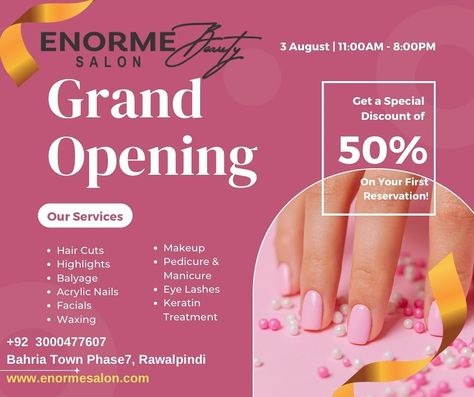 Join us for the grand opening of Enorme Beauty Salon on August 3, 2024! Enjoy 50% off on all salon services and treat yourself to a day of pampering and relaxation. Don’t miss this special offer! 💇 Book your appointment now! +92 3000477607 Ground Floor, Plaza 57, Springs North, opposite Clock Tower, Phase 7 Bahria Town, Rawalpindi 💅✨ #EnormeBeautySalon #GrandOpening Bahria Town, Salon Services, Book Your Appointment, Clock Tower, Grand Opening, Treat Yourself, Beauty Salon, Ground Floor, Special Offer