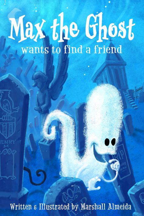 The cover of a children's book. A cute, friendly ghost in a cemetery. Friendship Funny, Ghost Cute, Ghost Books, Little Ghost, Find Friends, Halloween Books, Heartwarming Stories, The Ghost, Cute Ghost