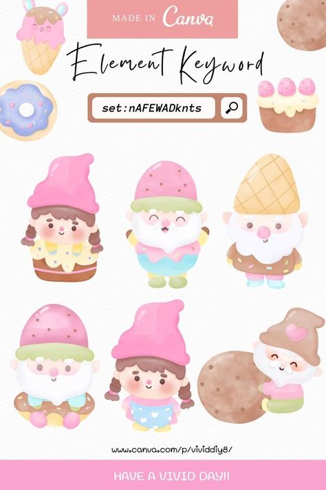 Pastel Canva Elements, Canva Kawaii Elements, Hope Word Art, Spring Cartoon, Children's Book Layout, Watercolor Gnome, Gnome Watercolor, Kawaii Summer, Canva Keywords