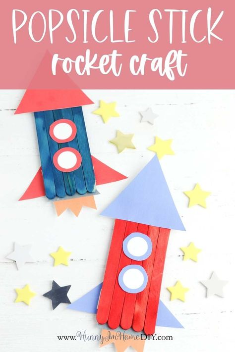 This cute rocket craft for kids is the perfect summer activity for kids in preschool or kindergarten. It's an easy popsicle stick craft that your kids can make in the classroom, at home, or at summer camp! Learn how to make your own space ship using craft sticks and a printable template. Your kids will have a blast playing with this fun DIY project as they learn about space and rockets. Easy Space Themed Crafts, Rocket Preschool, Rocket Ship Craft, Craft Stick Projects, Sticks Crafts, Rocket Craft, Popsicle Stick Crafts For Kids, Space Crafts For Kids, Diy Rocket