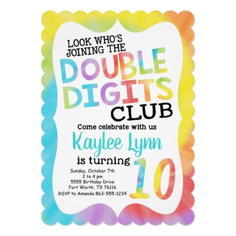 Tie Dye Double Digits 10th Birthday Invitation #girls #tie #dye #10th #double Double Digit Birthday Ideas, 10th Birthday Party Ideas, 10th Birthday Invitation, 10th Birthday Party, Tie Dye Birthday, Dj Flyer, Kids Playroom Ideas, Tenth Birthday, Girls Birthday Party Themes