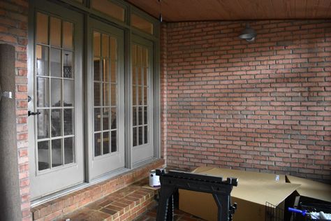 brick sunroom, brick Carolina room, brick pavers, floor brick pavers, window wall, French doors, Carolina room remodel Brick Sunroom, Window Bench With Storage, Diy Window Bench, Carolina Room, Floor Brick, Window Bench, Window Benches, Red Cottage, Storage House